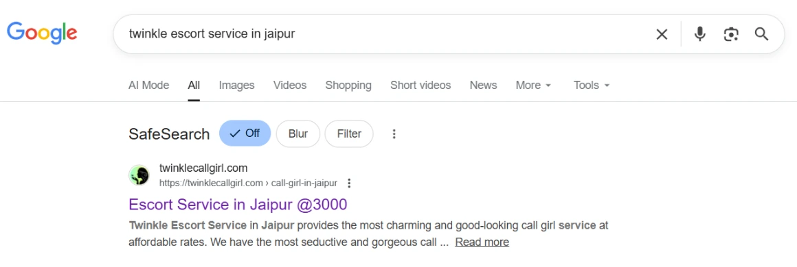 screenshot result keyword type on google 'twinkle escort service in jaipur'